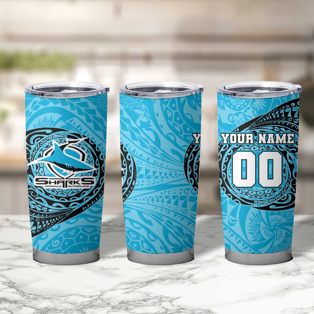 Personalized Cronulla Sutherland Sharks Tumbler Cup Polynesian Tribal Chest and Sleeve Tattoo