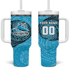 Personalized Cronulla Sutherland Sharks Tumbler With Handle Polynesian Tribal Chest and Sleeve Tattoo