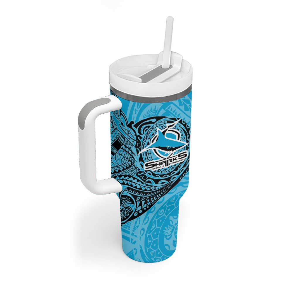 Personalized Cronulla Sutherland Sharks Tumbler With Handle Polynesian Tribal Chest and Sleeve Tattoo
