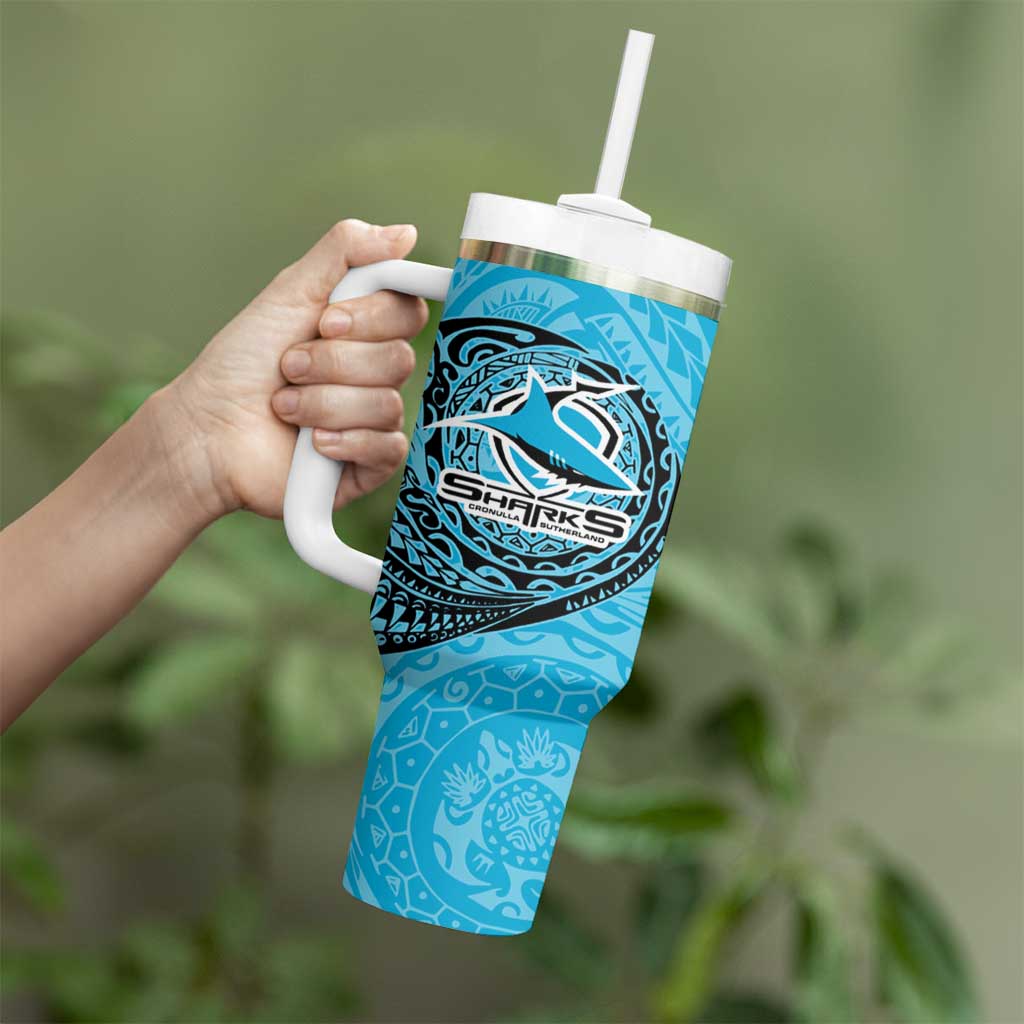Personalized Cronulla Sutherland Sharks Tumbler With Handle Polynesian Tribal Chest and Sleeve Tattoo
