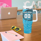 Personalized Cronulla Sutherland Sharks Tumbler With Handle Polynesian Tribal Chest and Sleeve Tattoo