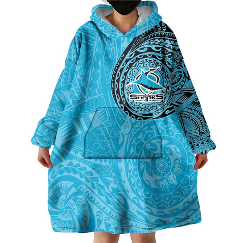 Personalized Cronulla Sutherland Sharks Wearable Blanket Hoodie Polynesian Tribal Chest and Sleeve Tattoo