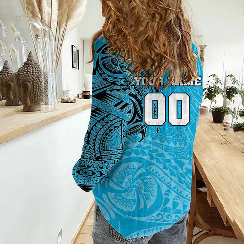 Personalized Cronulla Sutherland Sharks Women Casual Shirt Polynesian Tribal Chest and Sleeve Tattoo