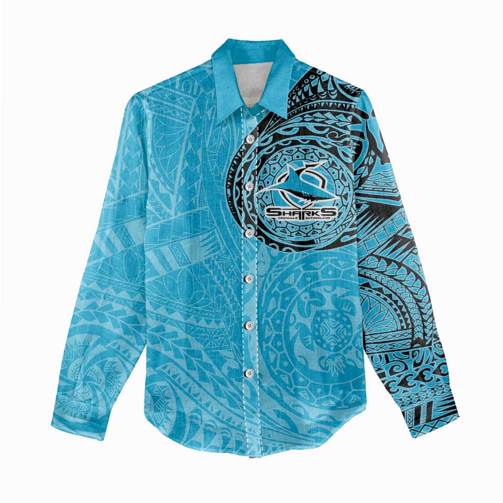 Personalized Cronulla Sutherland Sharks Women Casual Shirt Polynesian Tribal Chest and Sleeve Tattoo