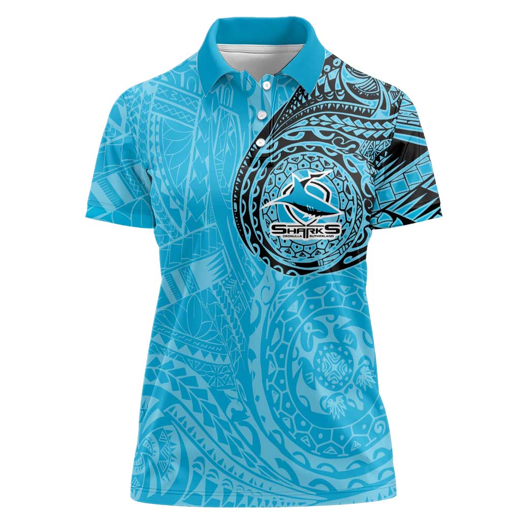Personalized Cronulla Sutherland Sharks Women Polo Shirt Polynesian Tribal Chest and Sleeve Tattoo