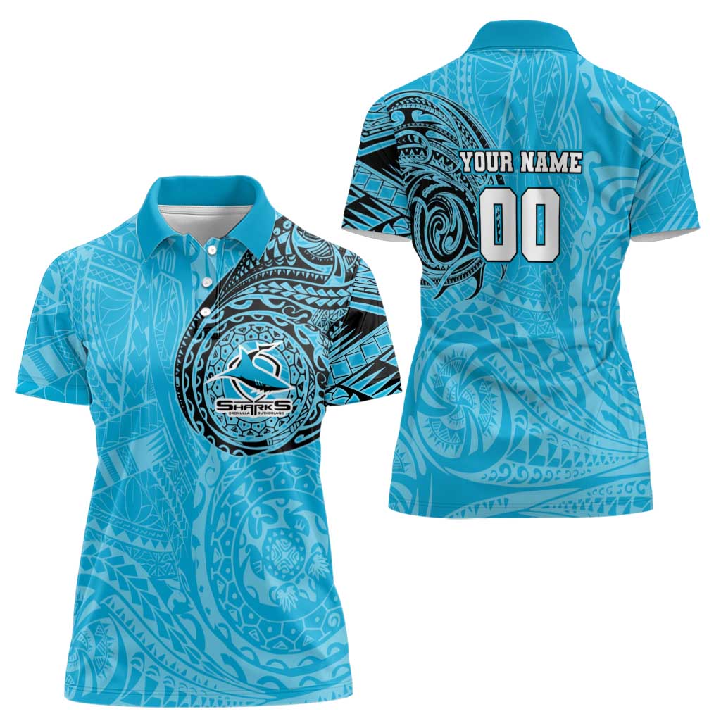 Personalized Cronulla Sutherland Sharks Women Polo Shirt Polynesian Tribal Chest and Sleeve Tattoo