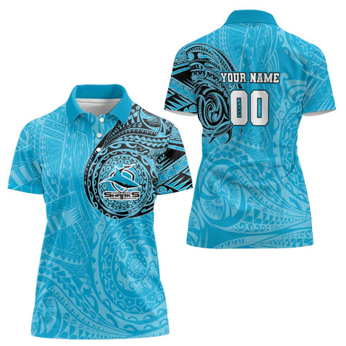 Personalized Cronulla Sutherland Sharks Women Polo Shirt Polynesian Tribal Chest and Sleeve Tattoo