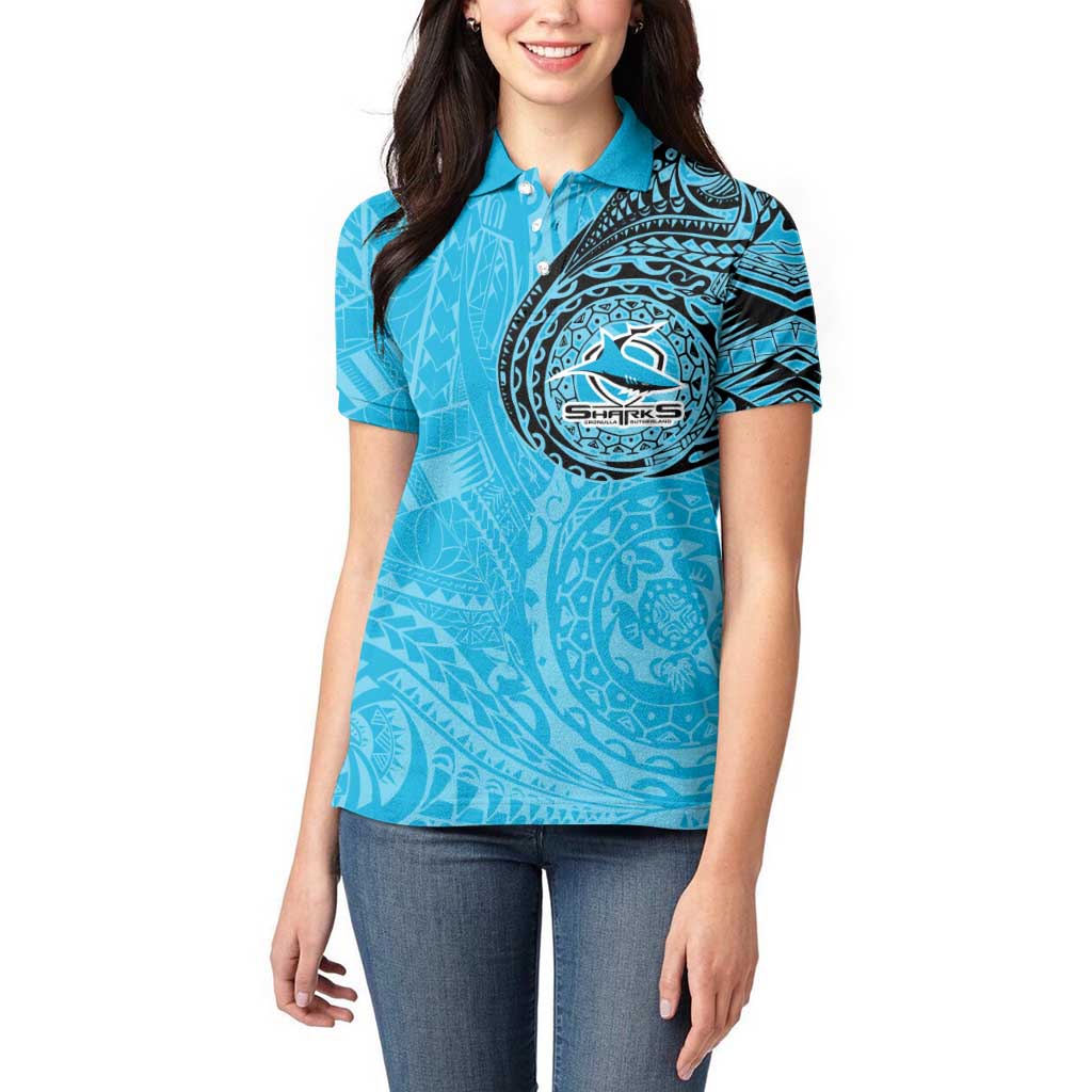 Personalized Cronulla Sutherland Sharks Women Polo Shirt Polynesian Tribal Chest and Sleeve Tattoo