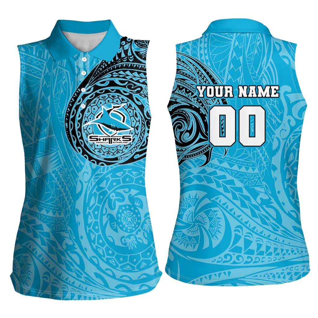 Personalized Cronulla Sutherland Sharks Women Sleeveless Polo Shirt Polynesian Tribal Chest and Sleeve Tattoo