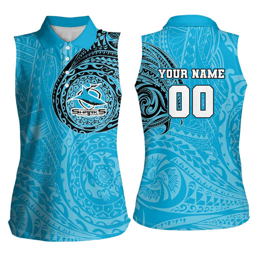 Personalized Cronulla Sutherland Sharks Women Sleeveless Polo Shirt Polynesian Tribal Chest and Sleeve Tattoo