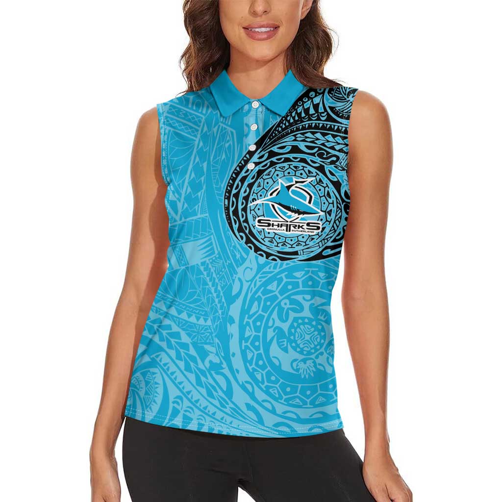 Personalized Cronulla Sutherland Sharks Women Sleeveless Polo Shirt Polynesian Tribal Chest and Sleeve Tattoo