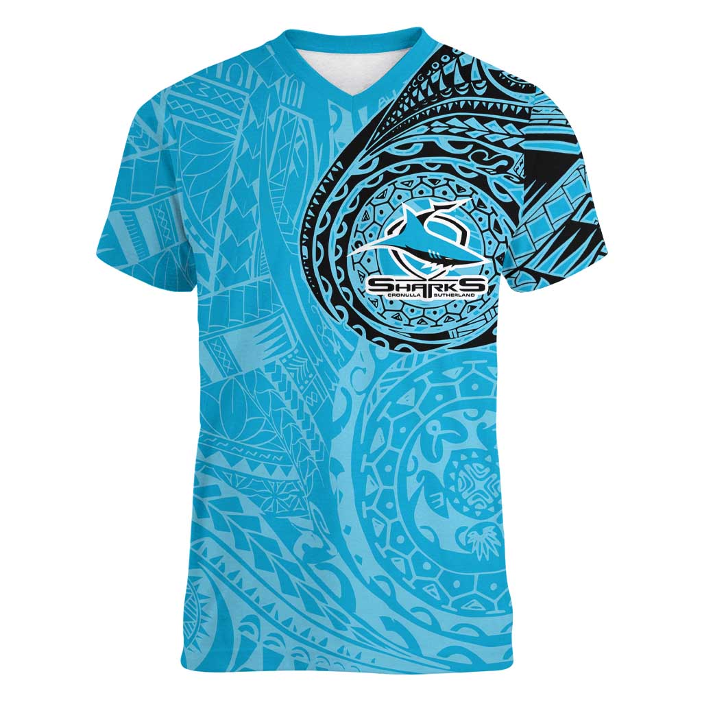 Personalized Cronulla Sutherland Sharks Women V-Neck T-Shirt Polynesian Tribal Chest and Sleeve Tattoo