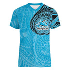Personalized Cronulla Sutherland Sharks Women V-Neck T-Shirt Polynesian Tribal Chest and Sleeve Tattoo