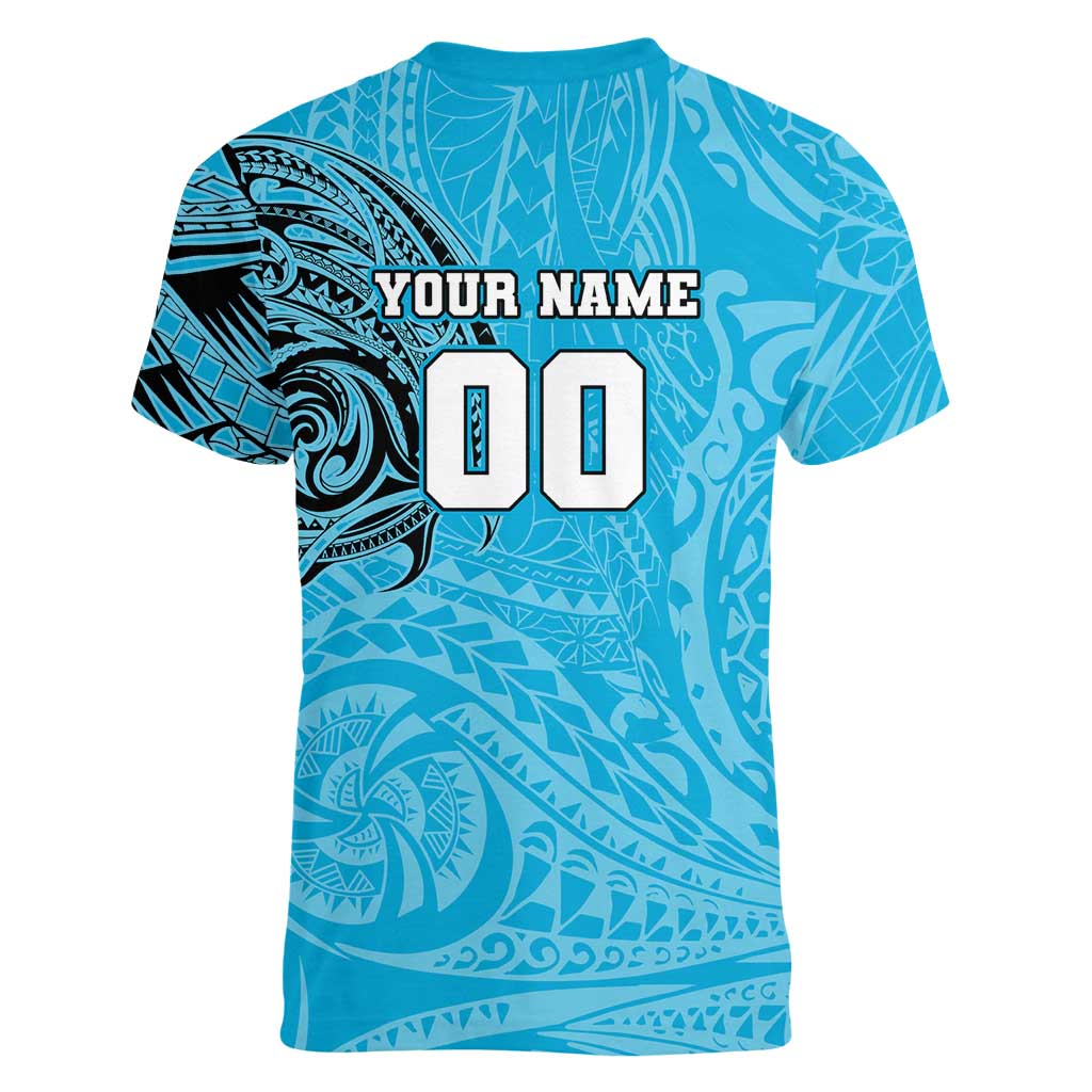 Personalized Cronulla Sutherland Sharks Women V-Neck T-Shirt Polynesian Tribal Chest and Sleeve Tattoo