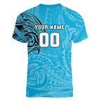 Personalized Cronulla Sutherland Sharks Women V-Neck T-Shirt Polynesian Tribal Chest and Sleeve Tattoo