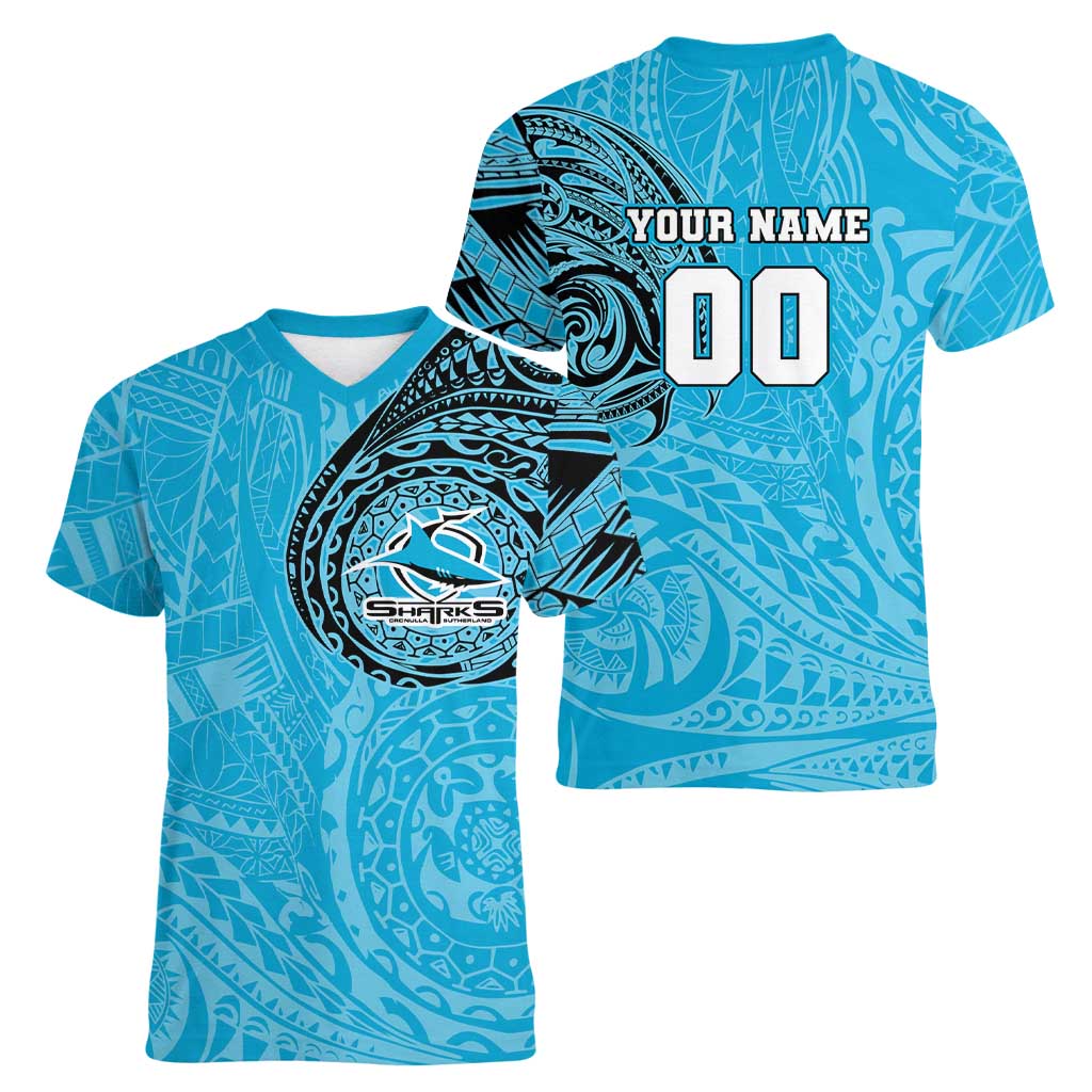 Personalized Cronulla Sutherland Sharks Women V-Neck T-Shirt Polynesian Tribal Chest and Sleeve Tattoo