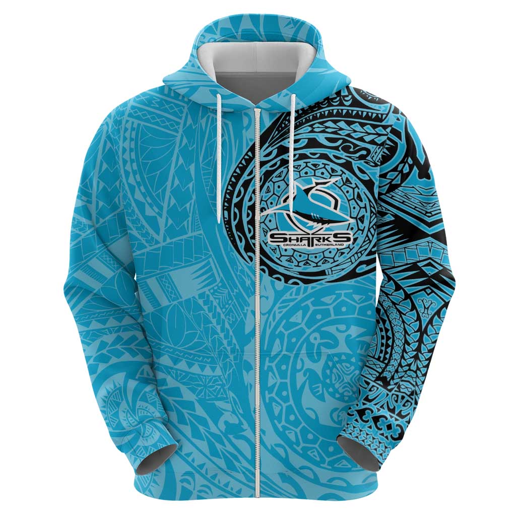 Personalized Cronulla Sutherland Sharks Zip Hoodie Polynesian Tribal Chest and Sleeve Tattoo