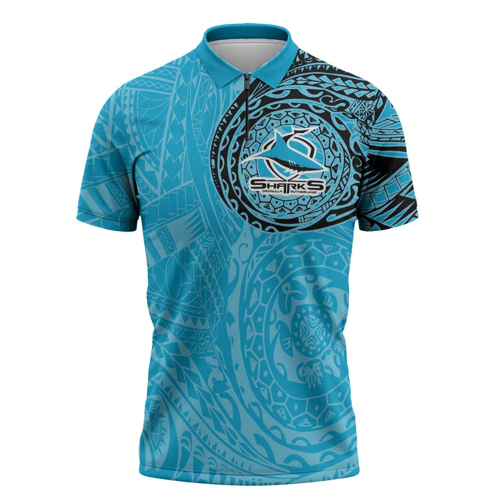 Personalized Cronulla Sutherland Sharks Zipper Polo Shirt Polynesian Tribal Chest and Sleeve Tattoo