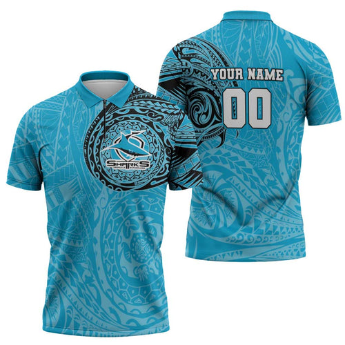 Personalized Cronulla Sutherland Sharks Zipper Polo Shirt Polynesian Tribal Chest and Sleeve Tattoo