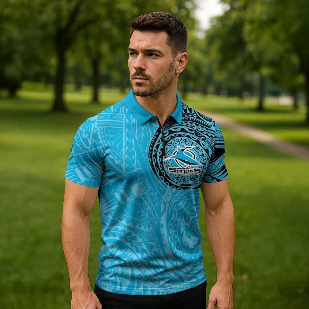 Personalized Cronulla Sutherland Sharks Zipper Polo Shirt Polynesian Tribal Chest and Sleeve Tattoo