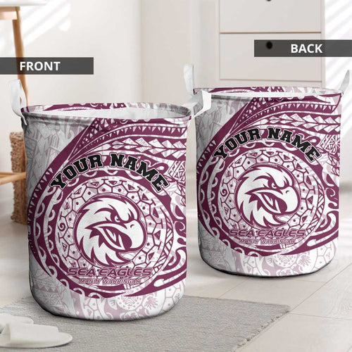 Personalized Manly Warringah Sea Eagles Laundry Basket Polynesian Tribal Chest and Sleeve Tattoo