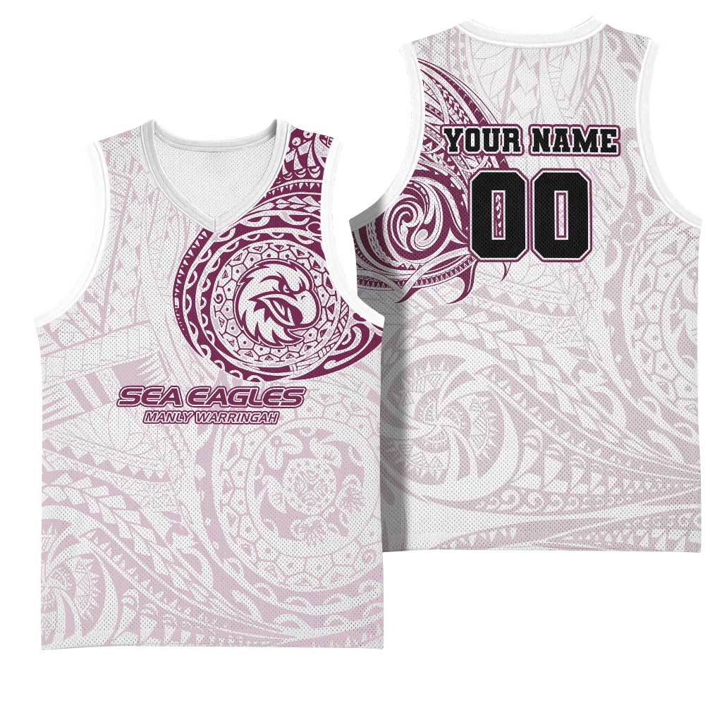 Personalized Manly Warringah Sea Eagles Basketball Jersey Polynesian Tribal Chest and Sleeve Tattoo