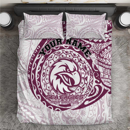 Personalized Manly Warringah Sea Eagles Bedding Set Polynesian Tribal Chest and Sleeve Tattoo