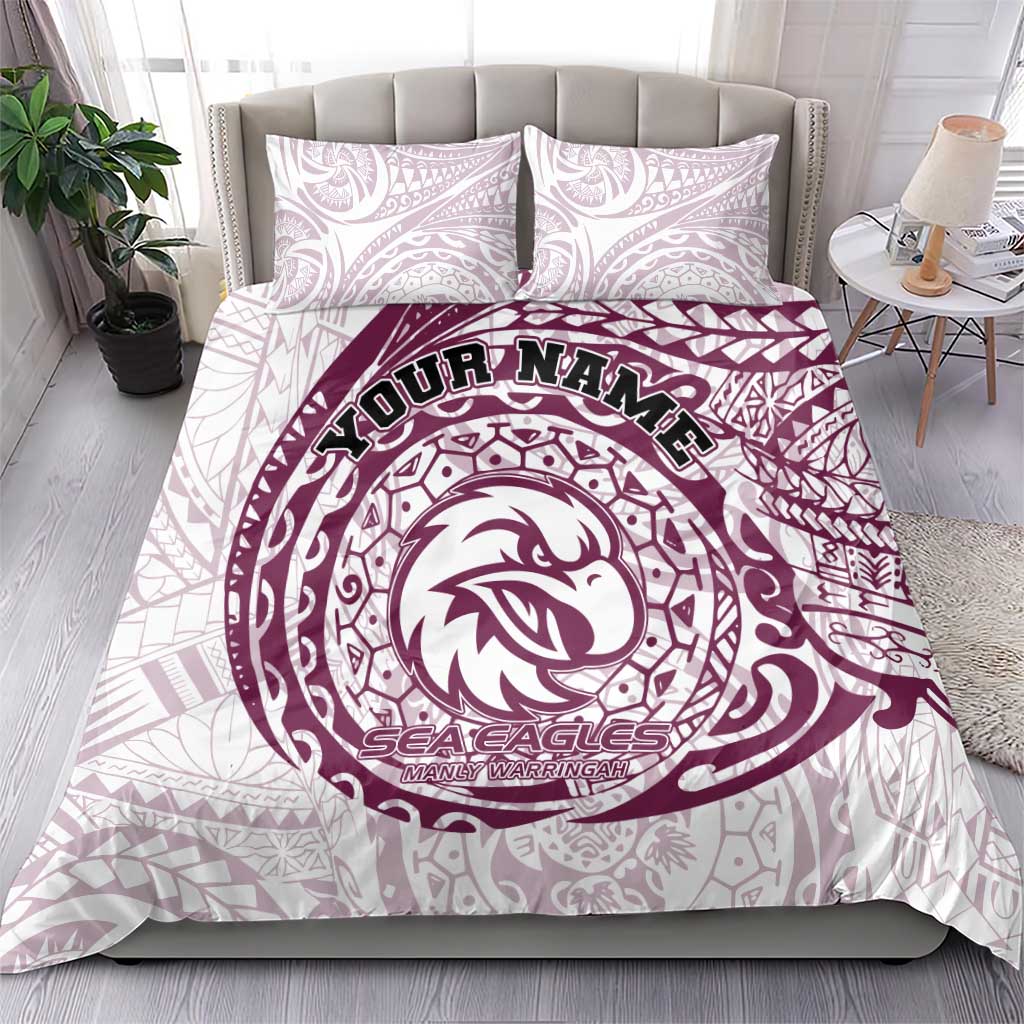Personalized Manly Warringah Sea Eagles Bedding Set Polynesian Tribal Chest and Sleeve Tattoo