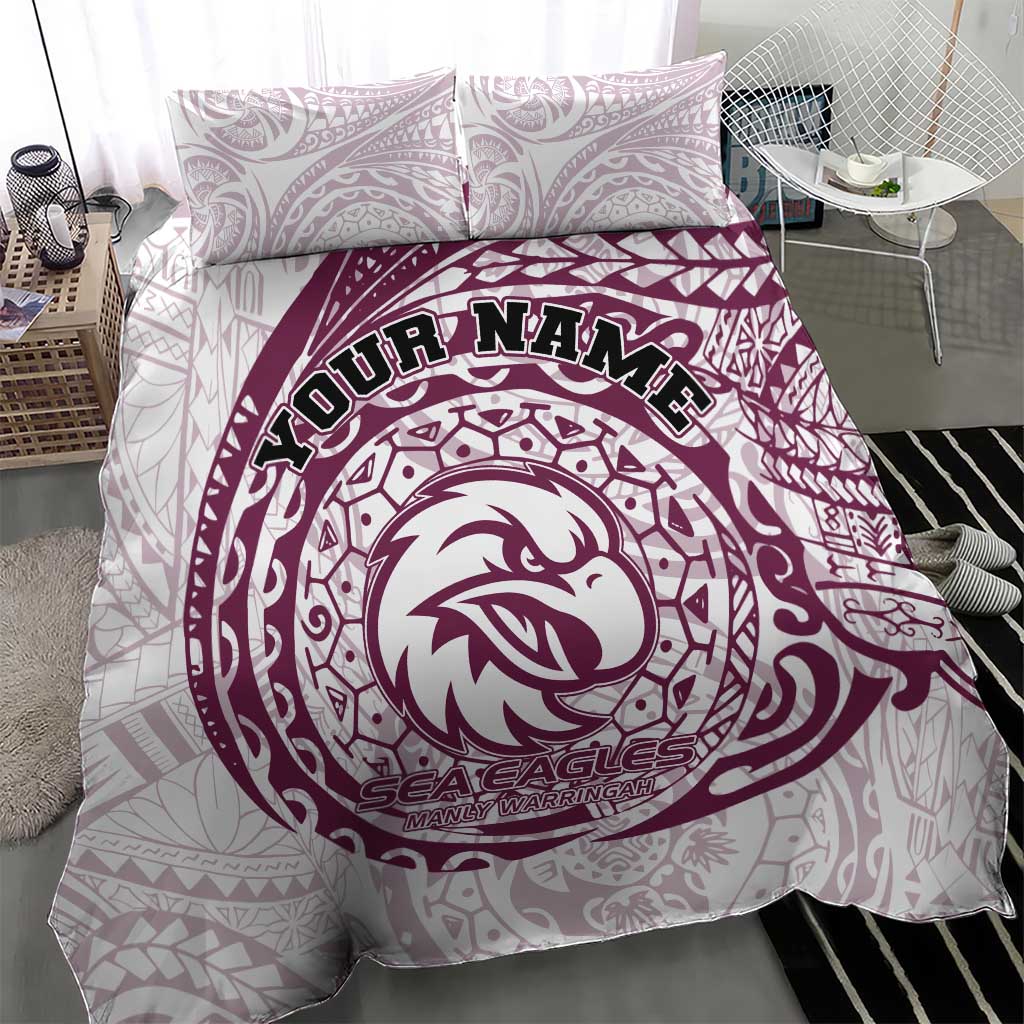 Personalized Manly Warringah Sea Eagles Bedding Set Polynesian Tribal Chest and Sleeve Tattoo