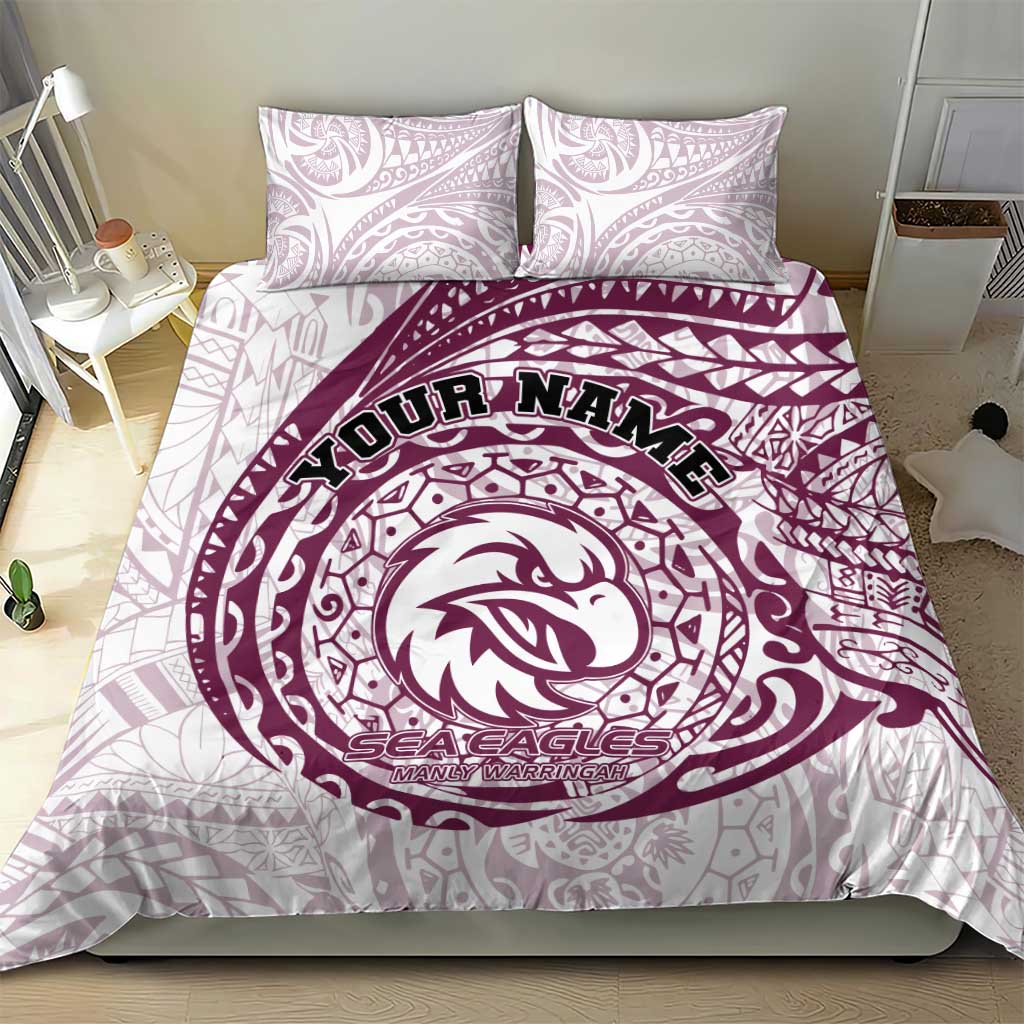 Personalized Manly Warringah Sea Eagles Bedding Set Polynesian Tribal Chest and Sleeve Tattoo
