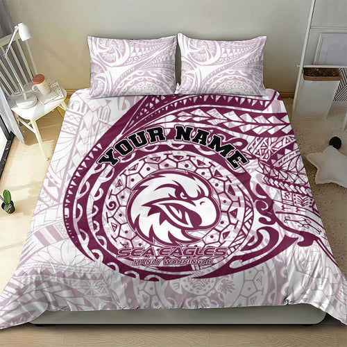 Personalized Manly Warringah Sea Eagles Bedding Set Polynesian Tribal Chest and Sleeve Tattoo
