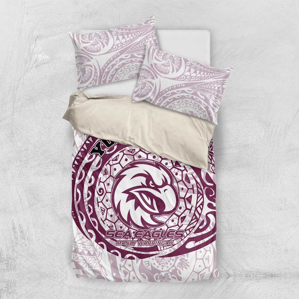 Personalized Manly Warringah Sea Eagles Bedding Set Polynesian Tribal Chest and Sleeve Tattoo