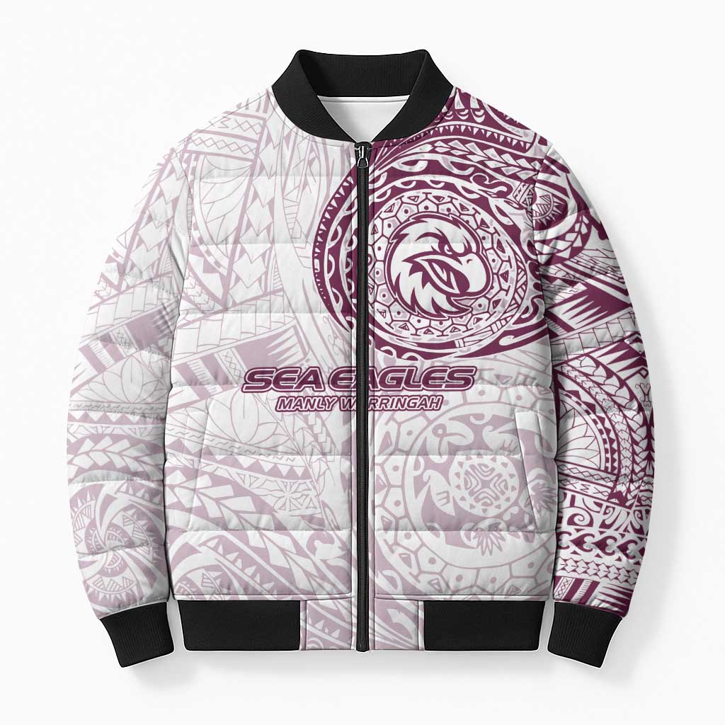 Personalized Manly Warringah Sea Eagles Bomber Puffer Jacket Polynesian Tribal Chest and Sleeve Tattoo