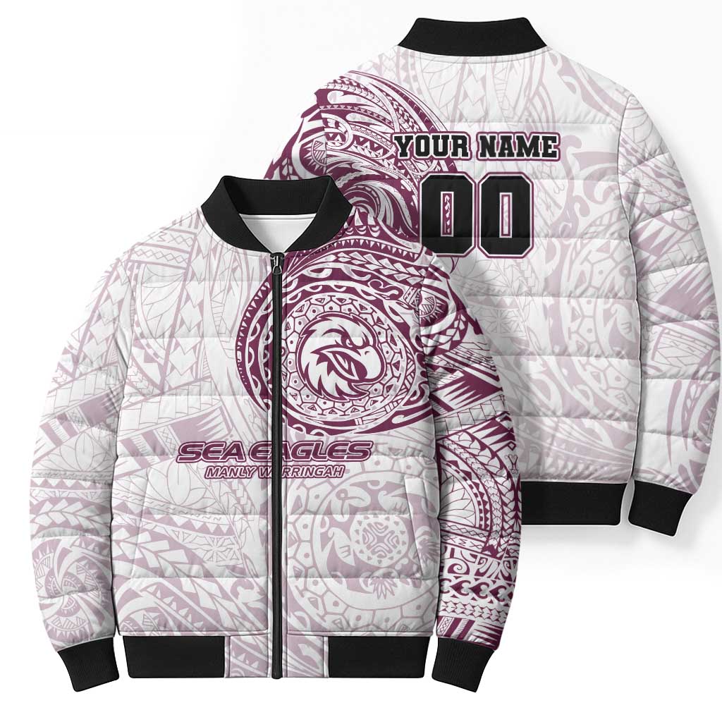 Personalized Manly Warringah Sea Eagles Bomber Puffer Jacket Polynesian Tribal Chest and Sleeve Tattoo