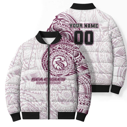 Personalized Manly Warringah Sea Eagles Bomber Puffer Jacket Polynesian Tribal Chest and Sleeve Tattoo