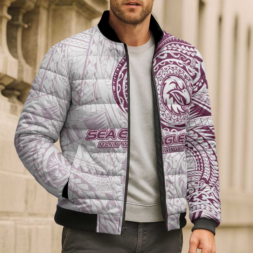 Personalized Manly Warringah Sea Eagles Bomber Puffer Jacket Polynesian Tribal Chest and Sleeve Tattoo