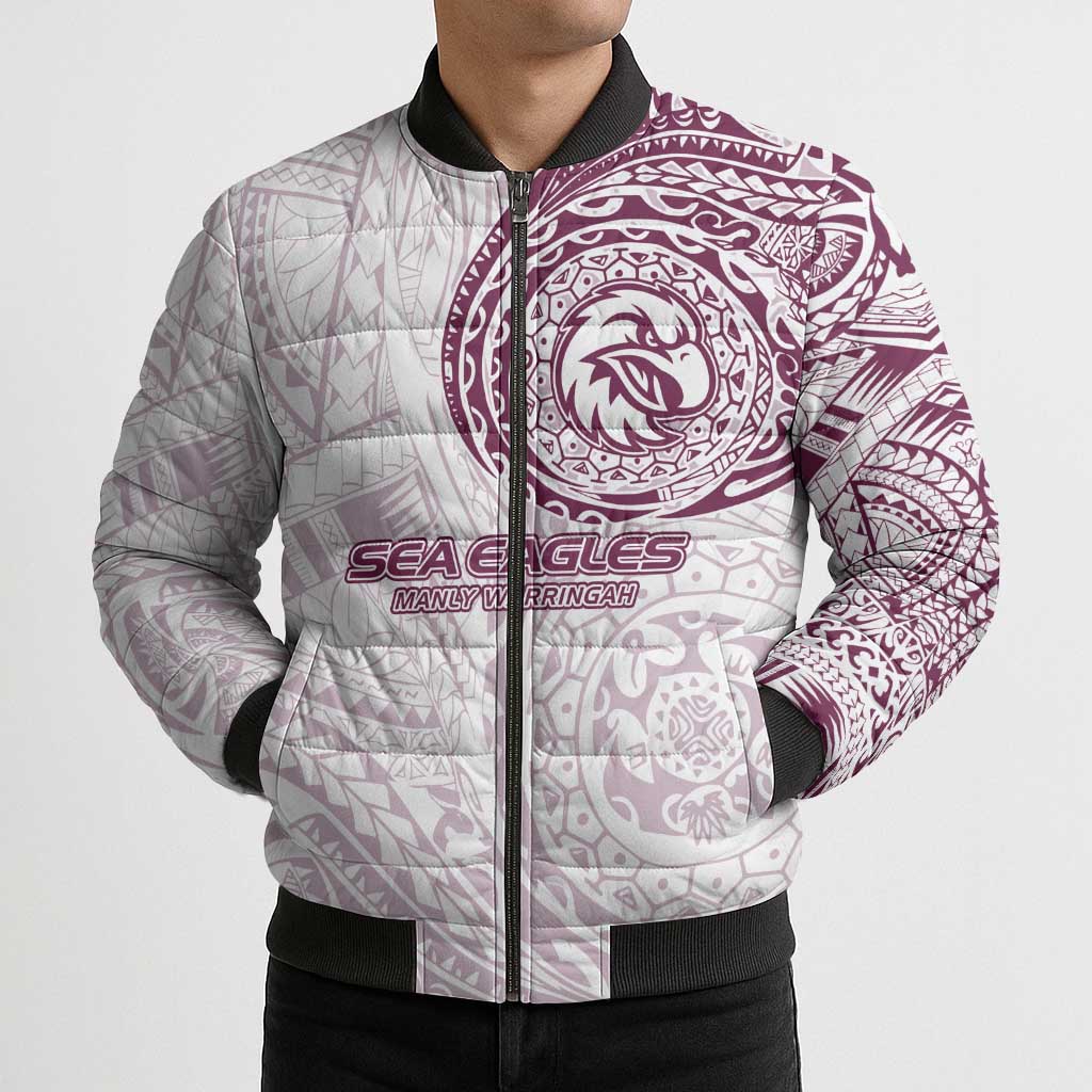 Personalized Manly Warringah Sea Eagles Bomber Puffer Jacket Polynesian Tribal Chest and Sleeve Tattoo
