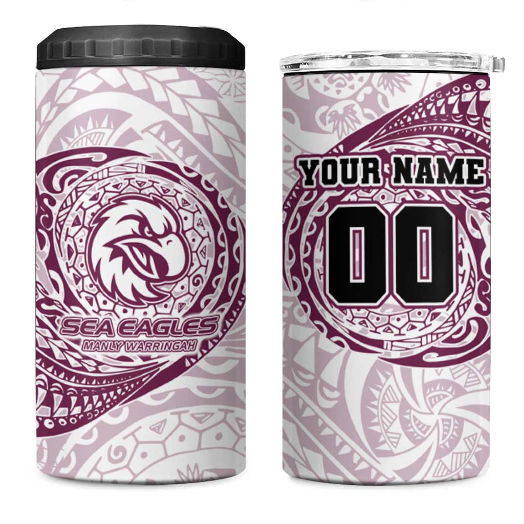 Personalized Manly Warringah Sea Eagles 4 in 1 Can Cooler Tumbler Polynesian Tribal Chest and Sleeve Tattoo