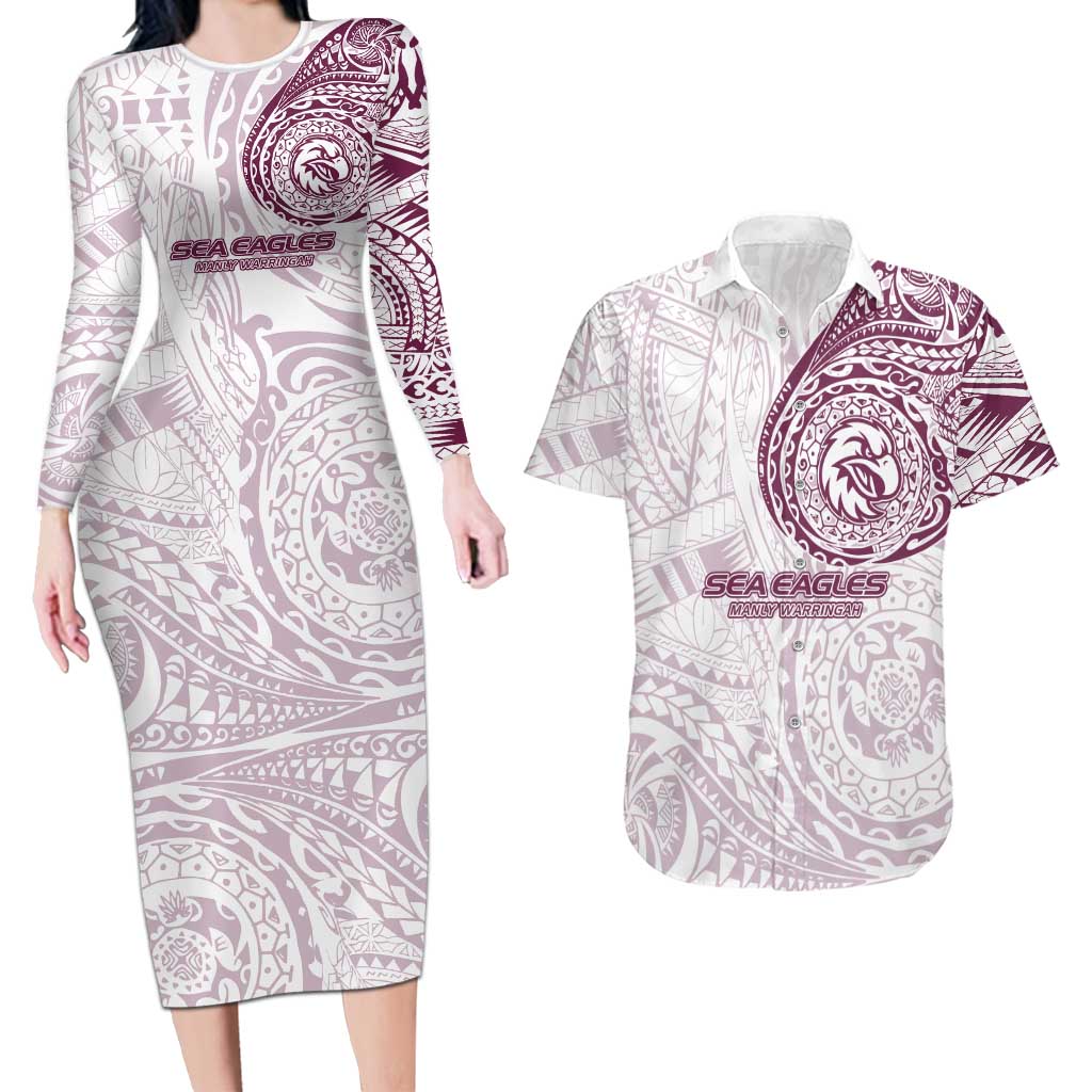 Personalized Manly Warringah Sea Eagles Couples Matching Long Sleeve Bodycon Dress and Hawaiian Shirt Polynesian Tribal Chest and Sleeve Tattoo