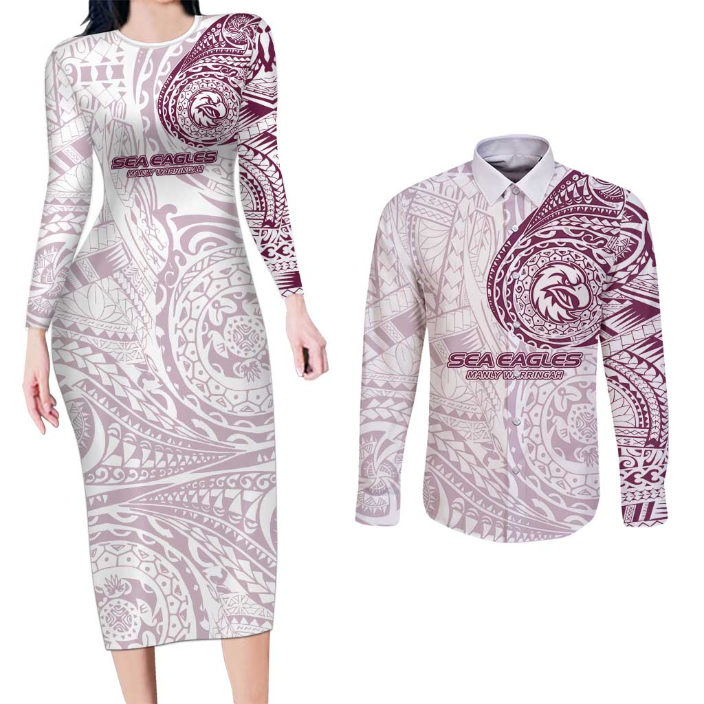 Personalized Manly Warringah Sea Eagles Couples Matching Long Sleeve Bodycon Dress and Long Sleeve Button Shirt Polynesian Tribal Chest and Sleeve Tattoo