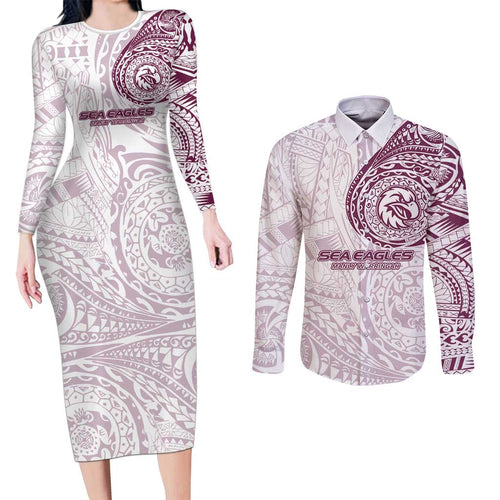 Personalized Manly Warringah Sea Eagles Couples Matching Long Sleeve Bodycon Dress and Long Sleeve Button Shirt Polynesian Tribal Chest and Sleeve Tattoo