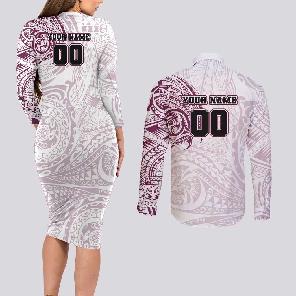 Personalized Manly Warringah Sea Eagles Couples Matching Long Sleeve Bodycon Dress and Long Sleeve Button Shirt Polynesian Tribal Chest and Sleeve Tattoo