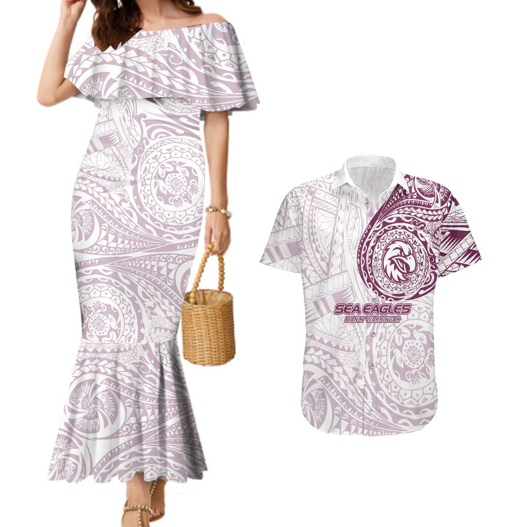 Personalized Manly Warringah Sea Eagles Couples Matching Mermaid Dress and Hawaiian Shirt Polynesian Tribal Chest and Sleeve Tattoo