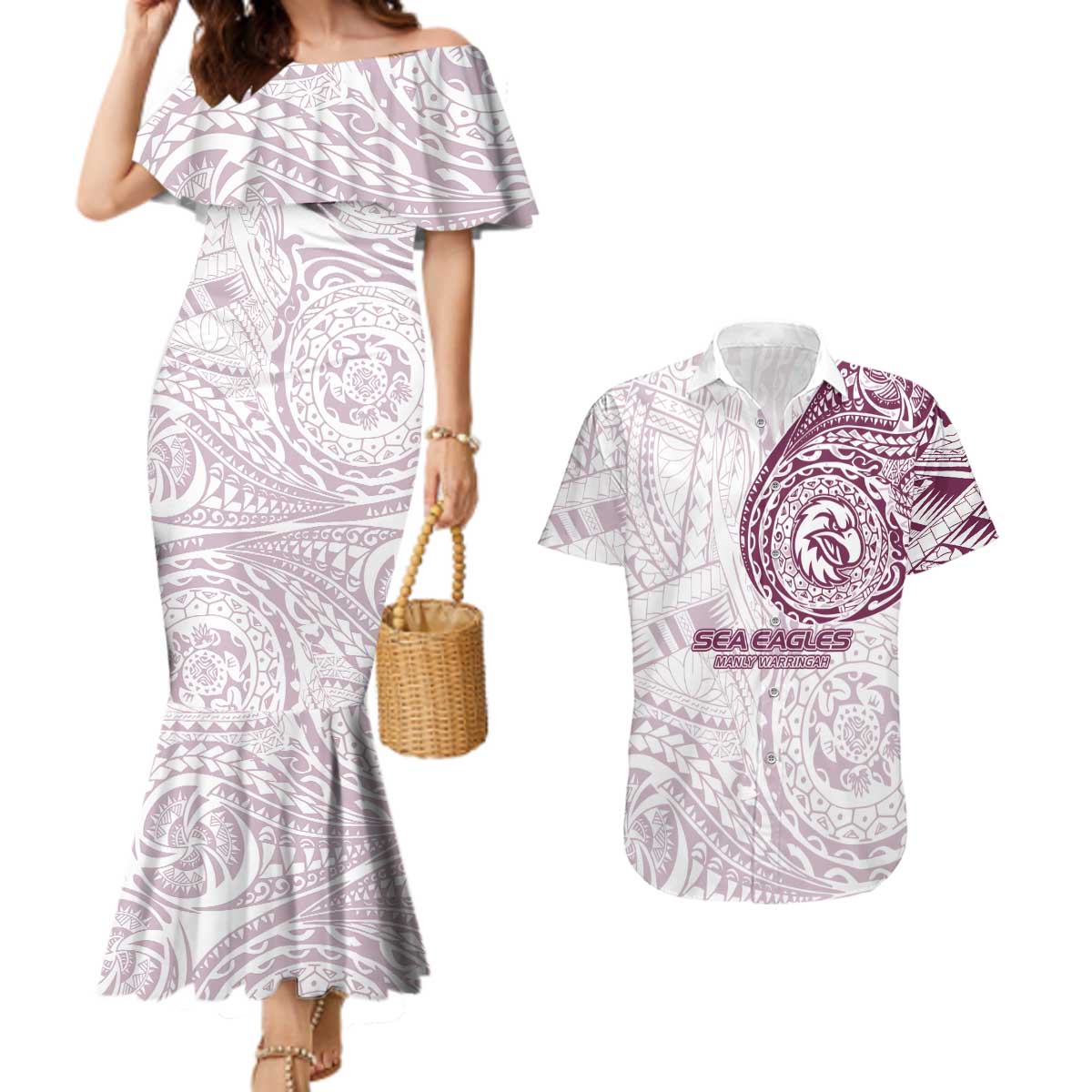 Personalized Manly Warringah Sea Eagles Couples Matching Mermaid Dress and Hawaiian Shirt Polynesian Tribal Chest and Sleeve Tattoo
