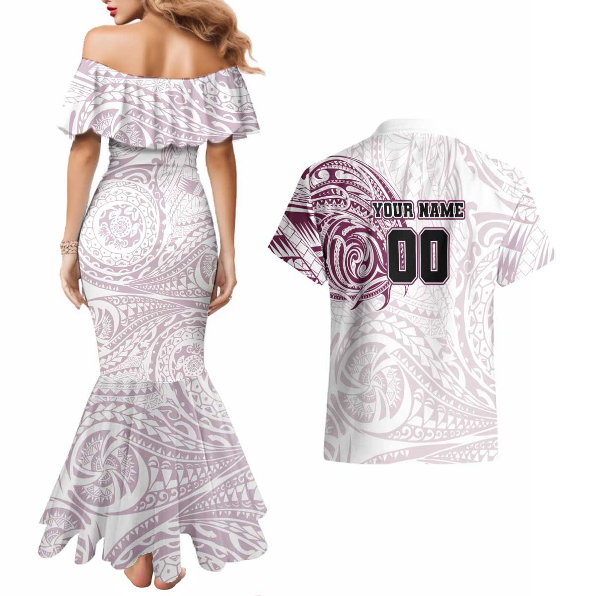 Personalized Manly Warringah Sea Eagles Couples Matching Mermaid Dress and Hawaiian Shirt Polynesian Tribal Chest and Sleeve Tattoo