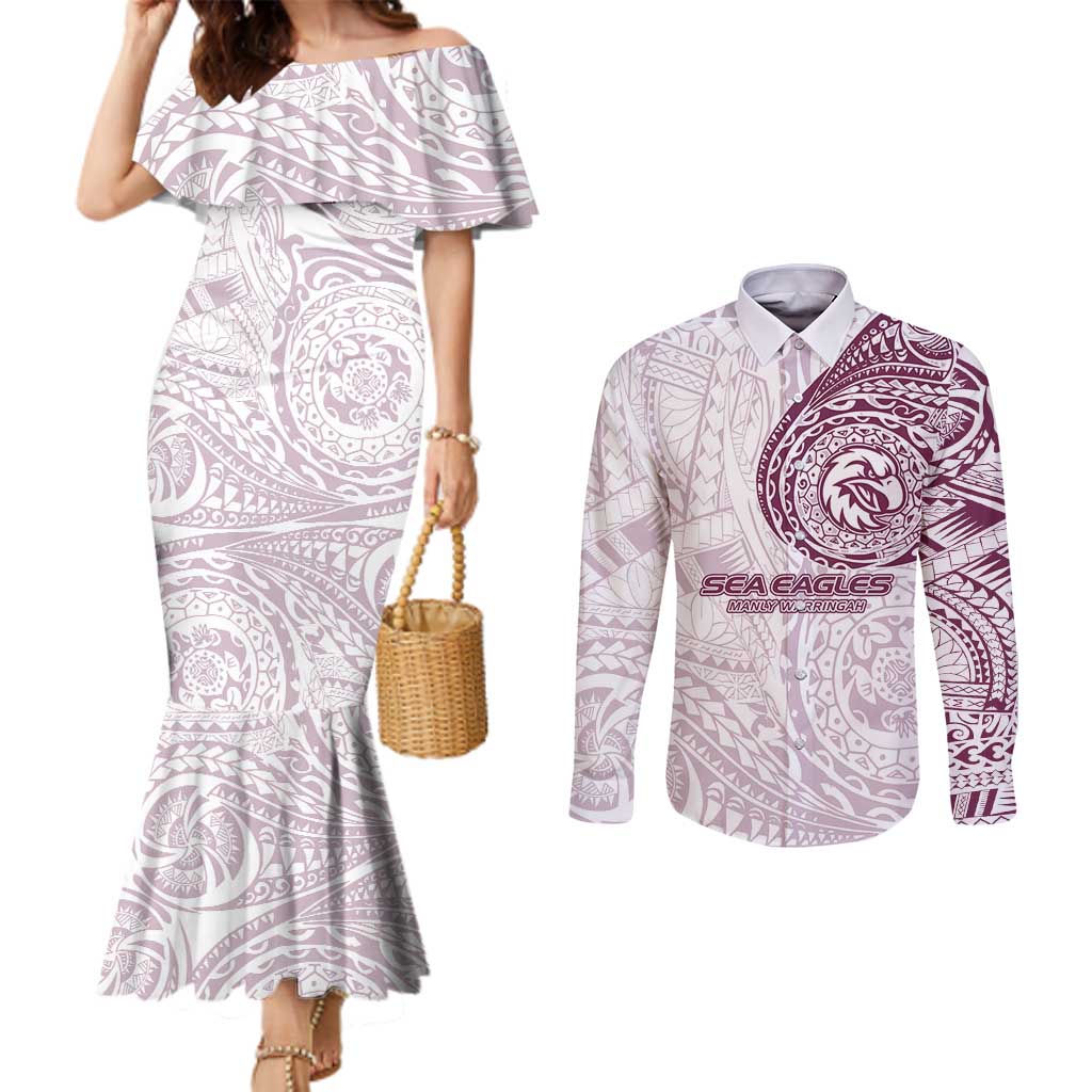 Personalized Manly Warringah Sea Eagles Couples Matching Mermaid Dress and Long Sleeve Button Shirt Polynesian Tribal Chest and Sleeve Tattoo