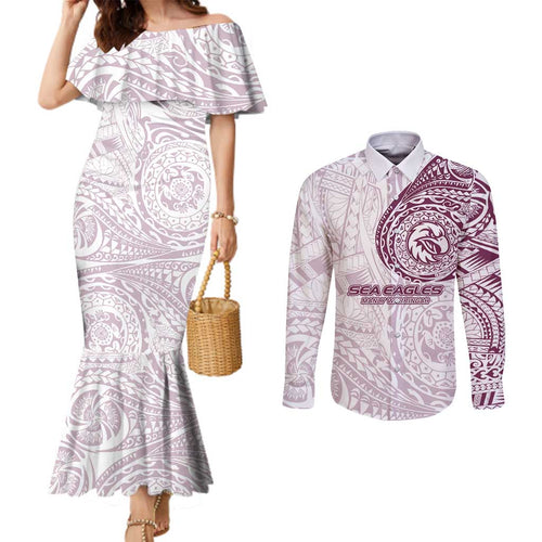 Personalized Manly Warringah Sea Eagles Couples Matching Mermaid Dress and Long Sleeve Button Shirt Polynesian Tribal Chest and Sleeve Tattoo