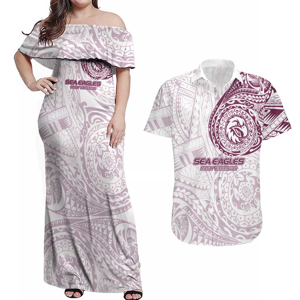 Personalized Manly Warringah Sea Eagles Couples Matching Off Shoulder Maxi Dress and Hawaiian Shirt Polynesian Tribal Chest and Sleeve Tattoo