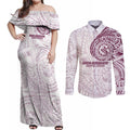 Personalized Manly Warringah Sea Eagles Couples Matching Off Shoulder Maxi Dress and Long Sleeve Button Shirt Polynesian Tribal Chest and Sleeve Tattoo