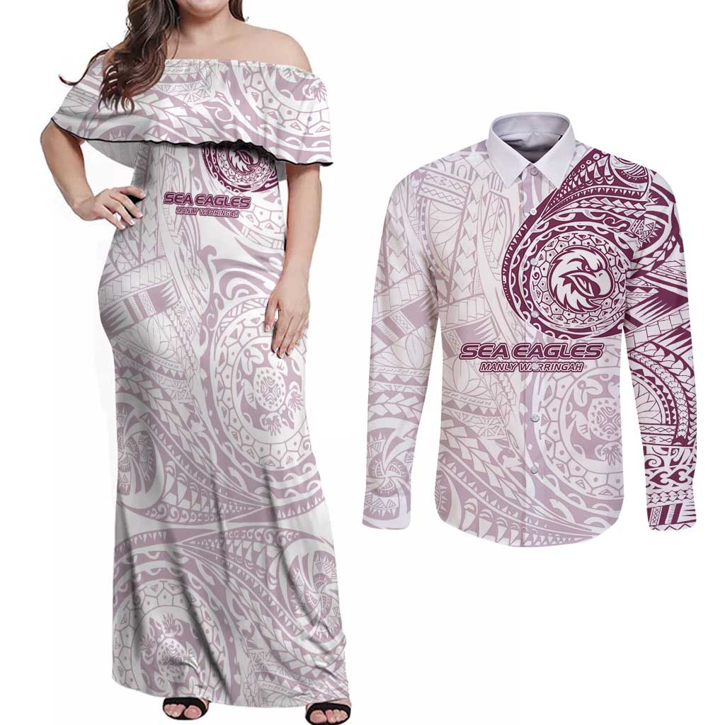 Personalized Manly Warringah Sea Eagles Couples Matching Off Shoulder Maxi Dress and Long Sleeve Button Shirt Polynesian Tribal Chest and Sleeve Tattoo